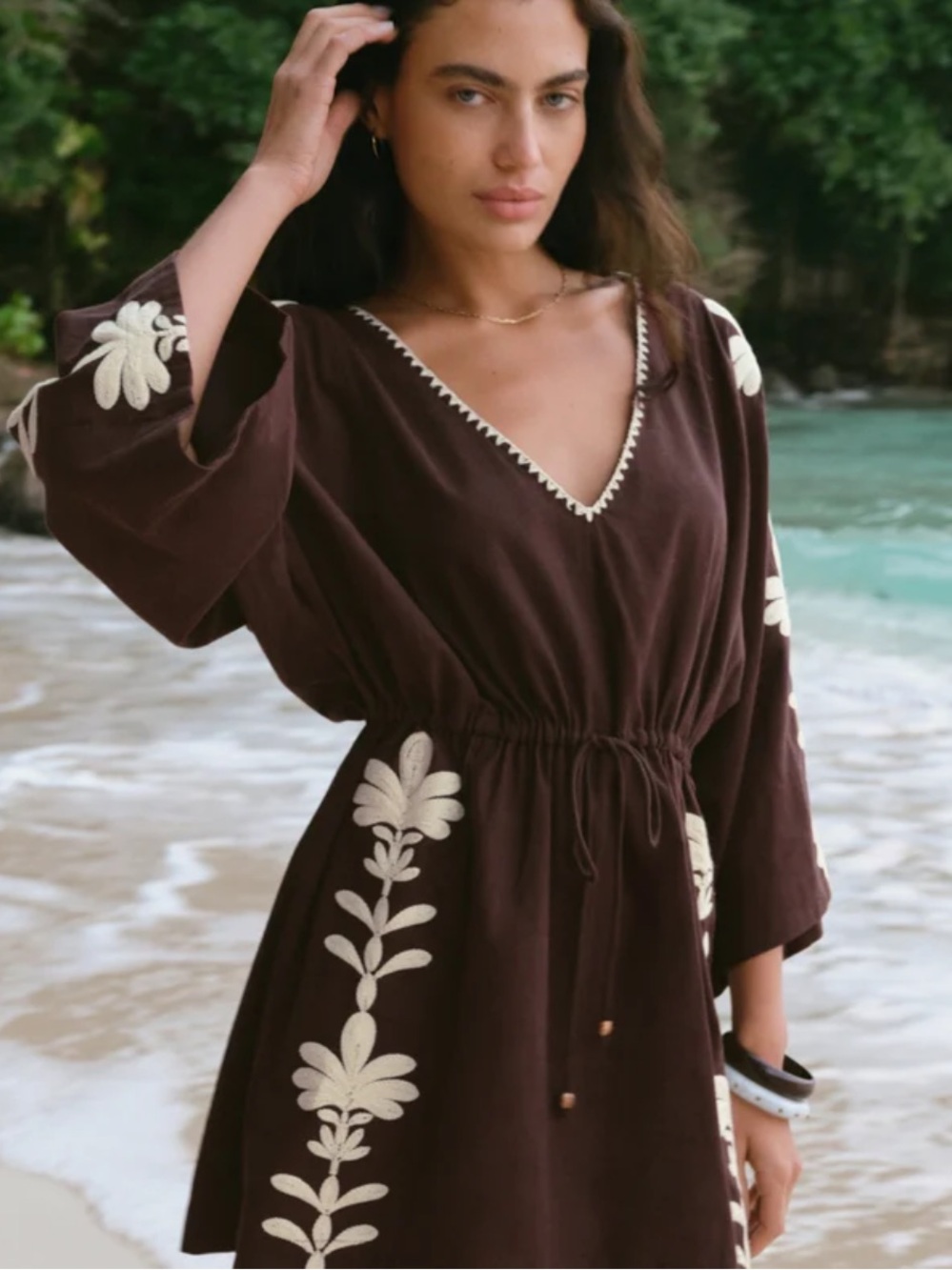 Z Supply Brown Mini Dress Whispering Palms with Cream Floral Embroidery